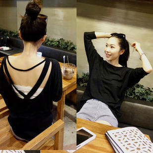 2022青春圆领新款韩国现货露背性感长袖宽松休闲女装上衣大码T恤