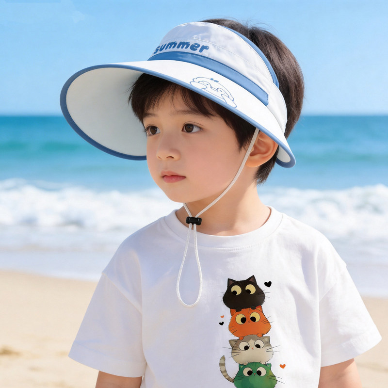 儿童帽子夏季薄款遮阳空顶防晒帽大帽檐男孩太阳帽女宝海边遮脸帽