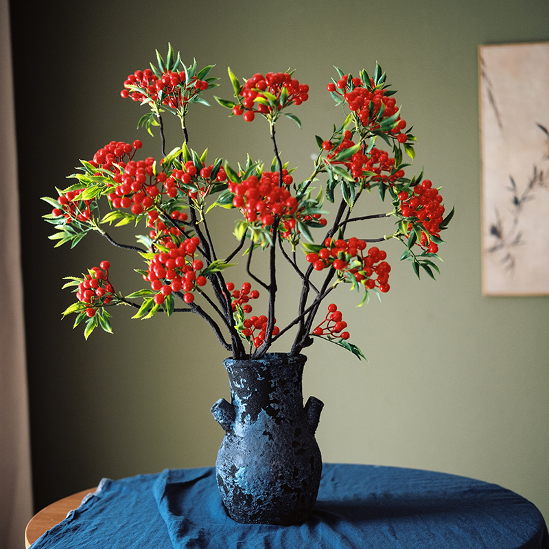 带叶红果发财果仿真花摆件客厅干花装饰冬青浆果树枝假花插花摆设