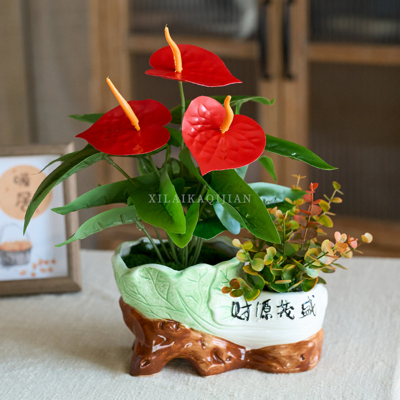 喜莱卡创意盆红掌仿真花插花装饰摆件客厅室内家居装饰品假花盆景