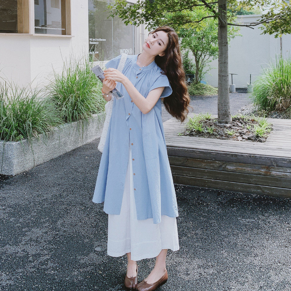 蓝色小清新叠穿套装女夏季2025新款韩版设计感衬衫裙阔腿裤两件套