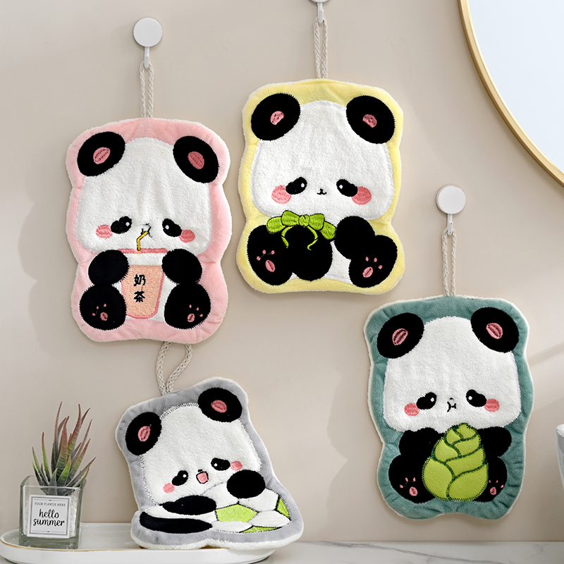 可爱熊猫擦手巾挂式吸水加厚毛巾厨房卫生间洗手间抹布家用小方巾