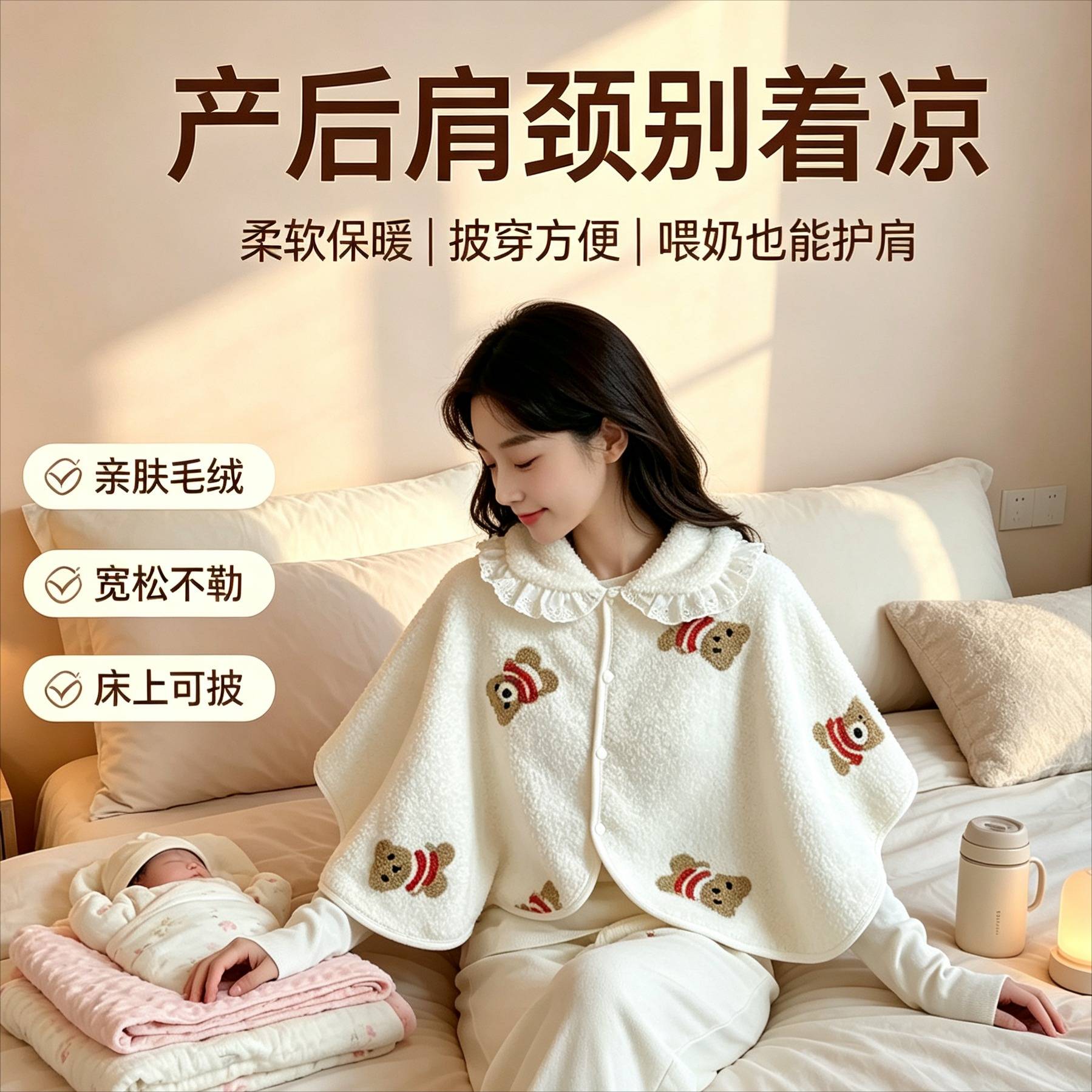 珊瑚绒月子披肩产后哺乳巾喂奶秋冬加绒款孕妇护肩颈产妇防风保暖