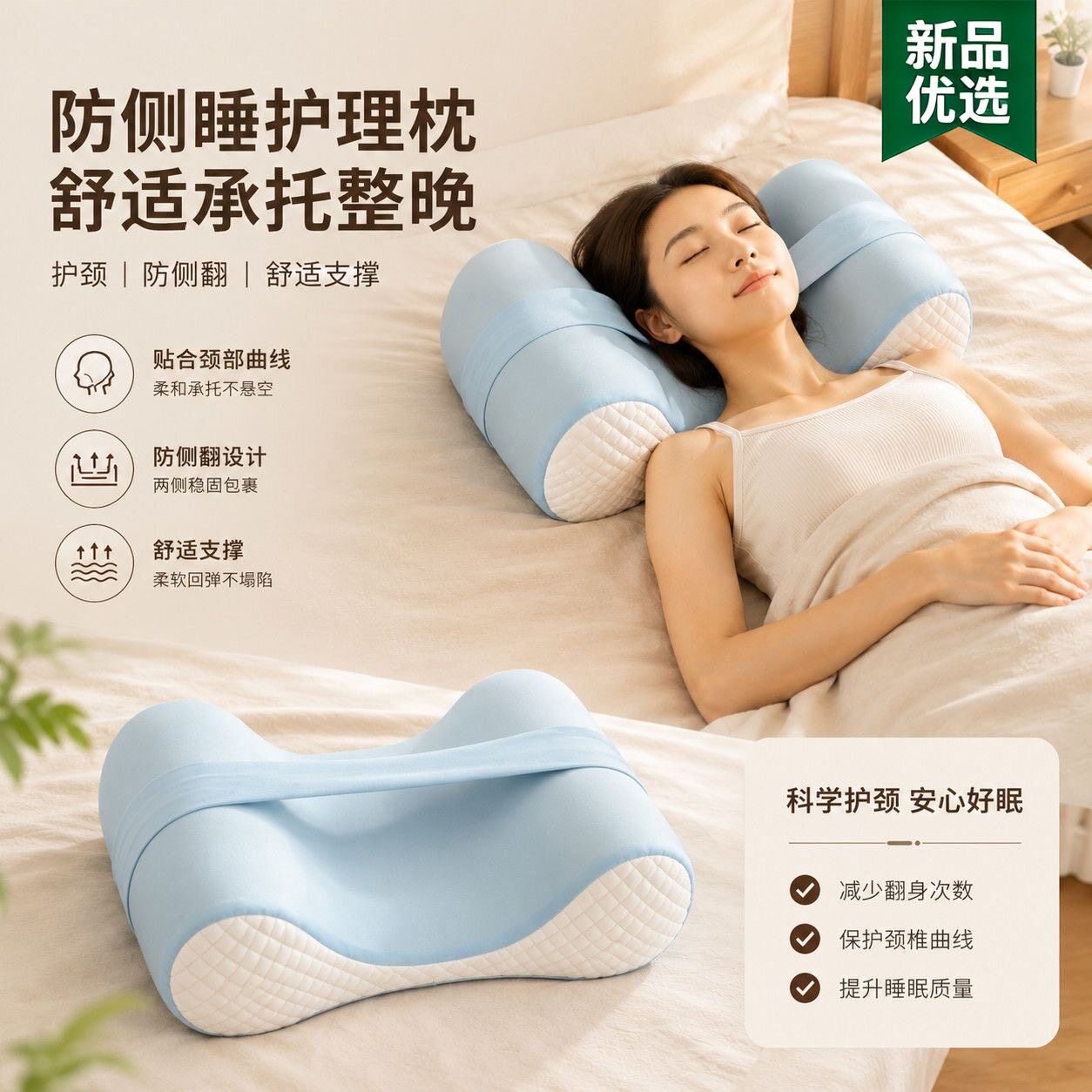 防侧睡固定睡姿矫正枕头美容术后防翻身侧卧颈椎枕法令纹仰睡枕头