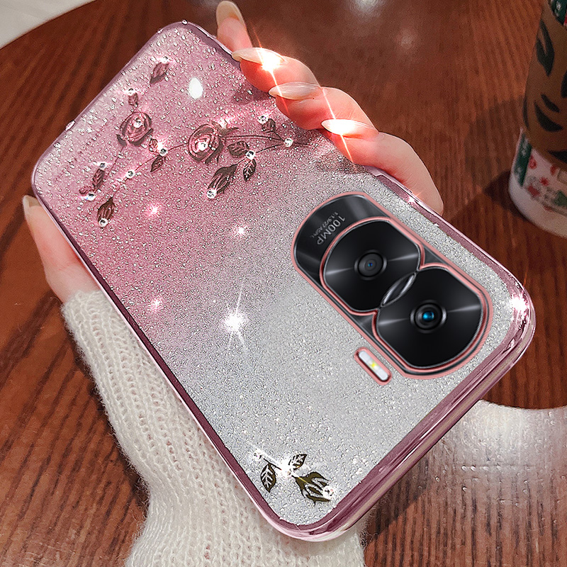 荣耀X50i手机壳渐变闪粉玫瑰花