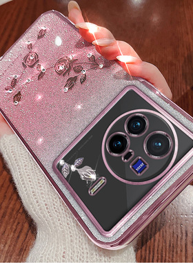 适用vivox80手机壳x80pro新款vivoi全包防摔硅胶套x8o曲面屏ⅹ80渐变闪粉玫瑰花女vivi叉80软外壳por高级感潮