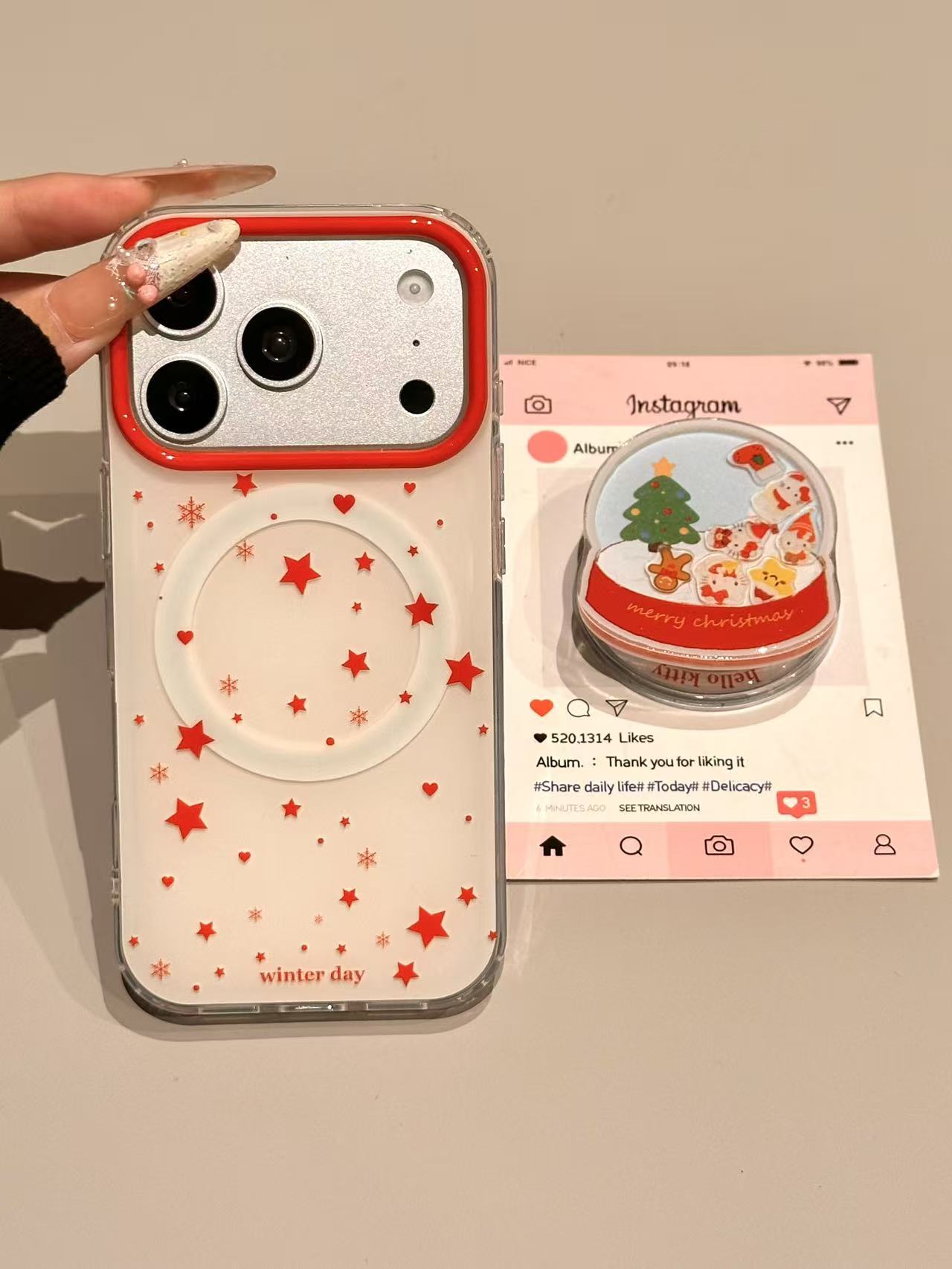 卡通可爱红水晶球KT猫磁吸壳壳适用苹果17/16/15/14防摔手机壳 · 红满屏星星-磁吸单壳 苹果17pro