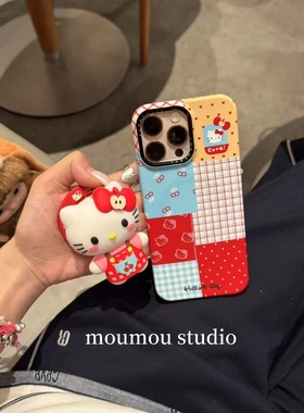 可爱卡通格纹拼接猫咪磁吸适用于苹果16promax手机壳15保护套1417