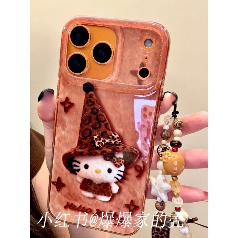 适用苹果iphone17promax豹纹帽小猫16pro挂链15可爱14ins风手机壳 · iphone16pro