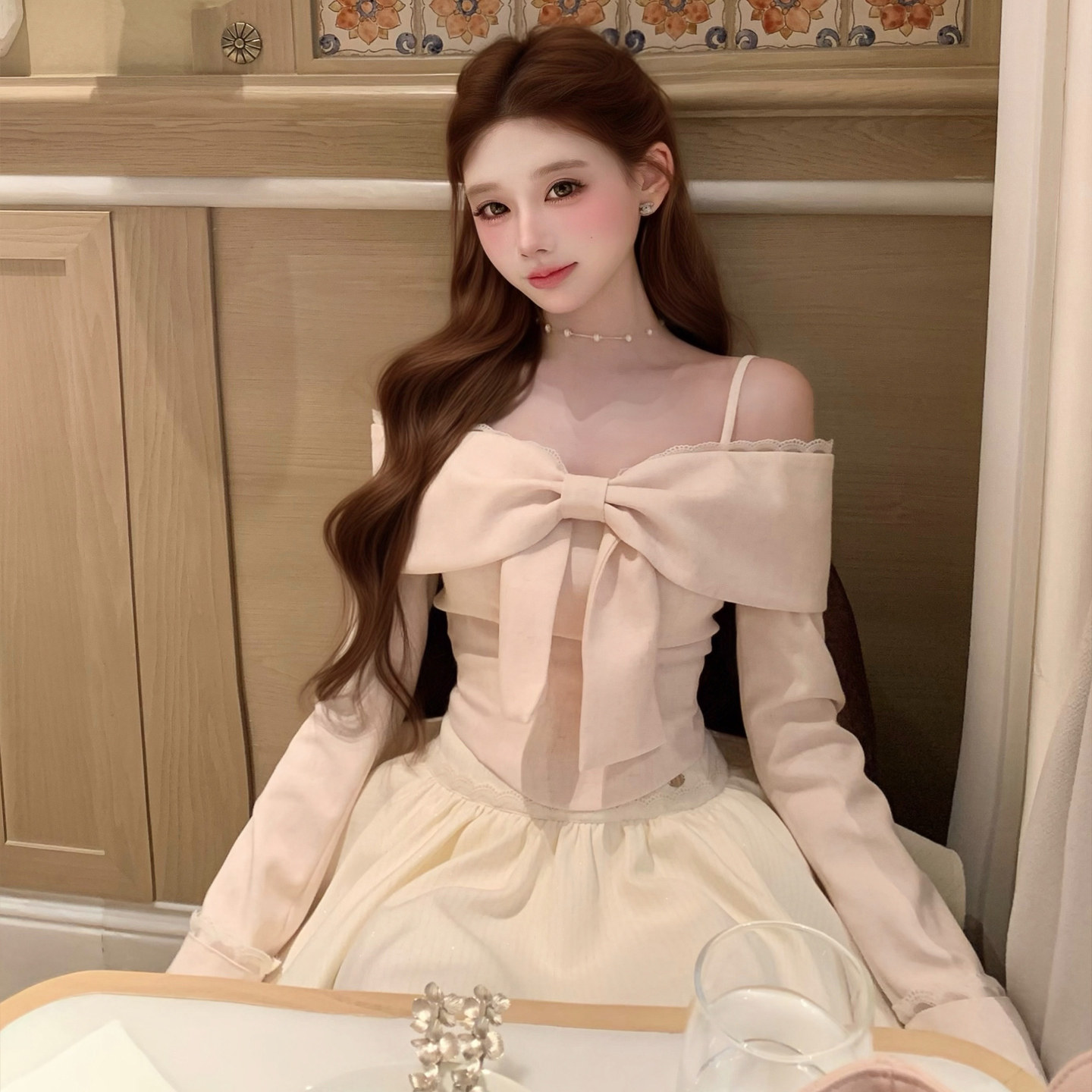 SISI JIANG"古早甜心"温柔甜美收腰一字肩蝴蝶结吊带上衣短裙套装