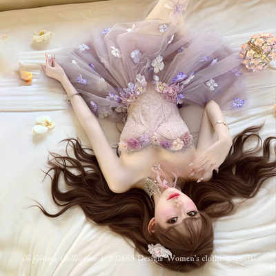 SISI JIANG“紫雾仙子”纯欲仙气甜美立体花朵鱼骨收腰A字蓬蓬裙