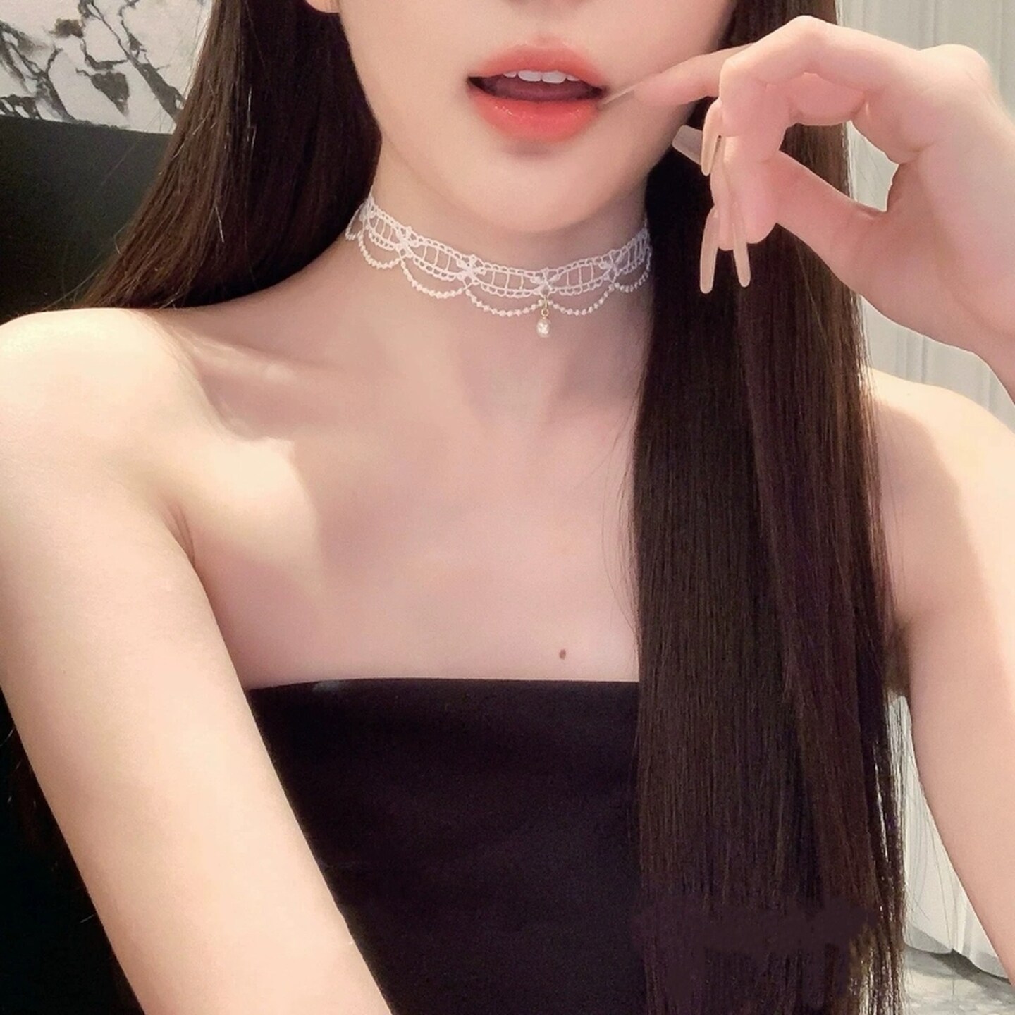 choker项链女白色蕾丝珍珠颈链少女气质项圈颈带超仙锁骨链脖饰