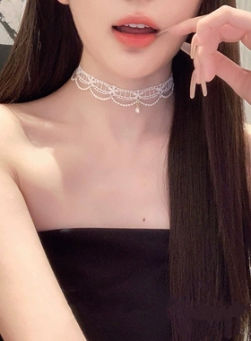choker项链女白色蕾丝珍珠颈链少女气质项圈颈带超仙锁骨链脖饰