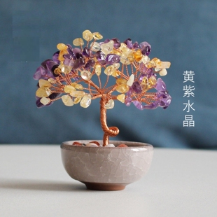 发财树小摆件天然黄水晶招财迷你玄学聚财工位店铺办公室桌面装饰