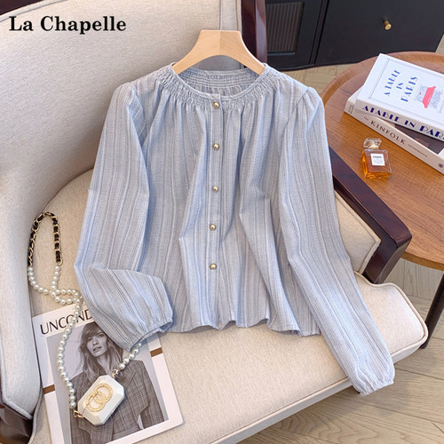 拉夏贝尔/La Chapelle通勤百搭复古条纹圆领褶皱宽松长袖衬衫上衣