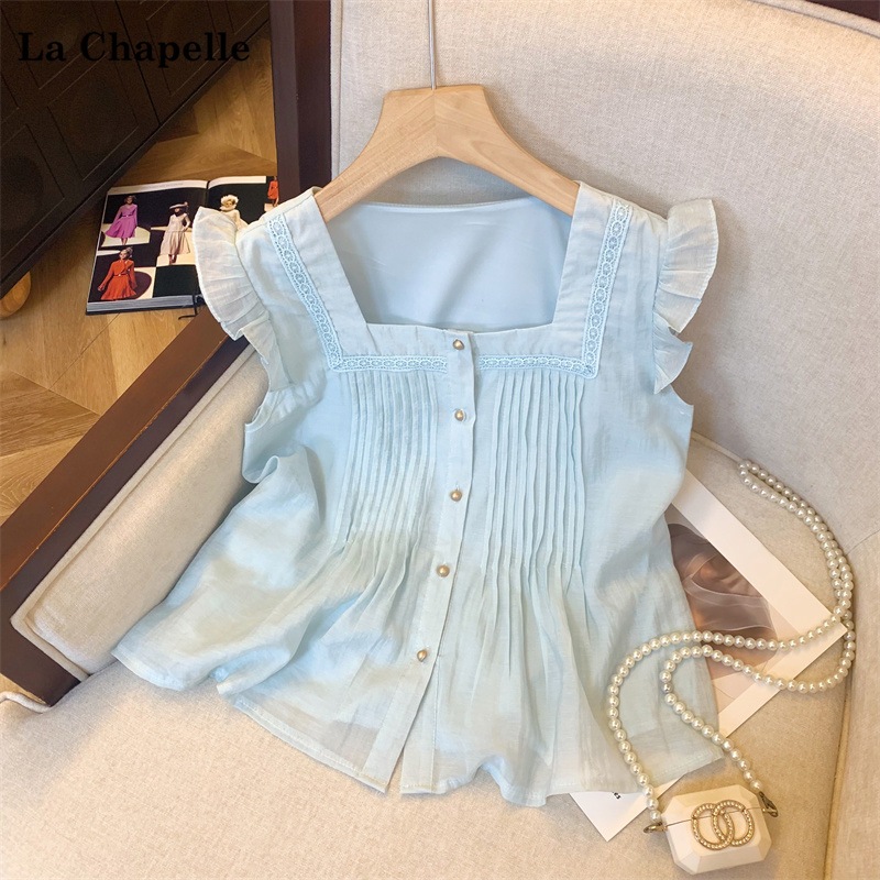 拉夏贝尔/La Chapelle夏季新款小清新时尚飞飞袖方领气质无袖衬衫