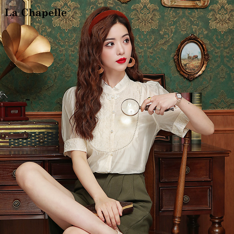 拉夏贝尔/La Chapelle2025年夏季新款韩版单排扣立领衬衫上衣女装