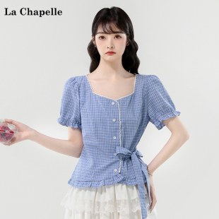 上衣 拉夏贝尔 Chapelle方领格纹系带收腰显瘦木耳边泡泡袖 衬衫
