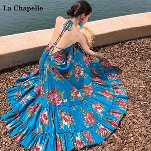 拉夏贝尔 Chapelle碎花露背挂脖连衣裙子海边度假大摆沙滩长裙