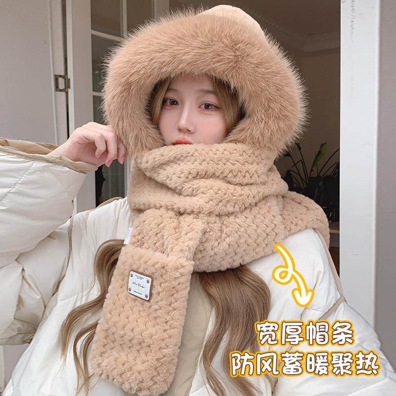 帽子女2025新款冬围巾一体骑车加绒加厚防风成人大头围手套三件套