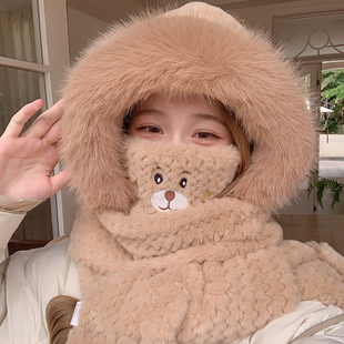 帽子围巾手套三件套围脖一体2025冬新款女保暖加绒加厚骑车带口罩