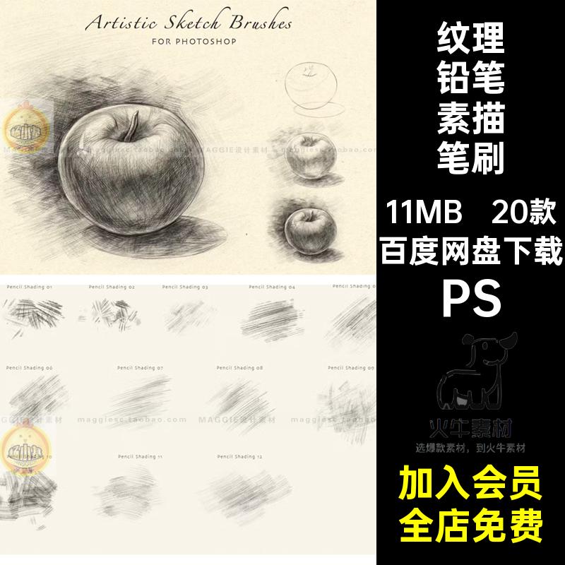 20款勾线铅笔素描笔刷abr木炭绘画画笔描边Ps涂涂抹手绘PS厚逼真