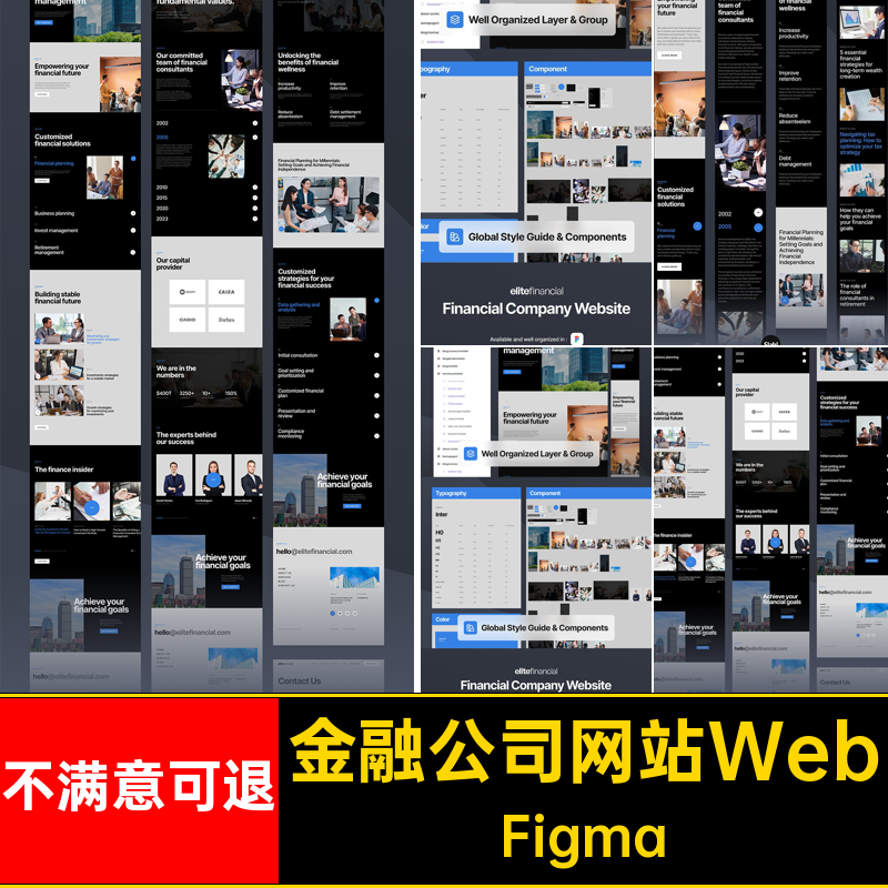 6页黑色暗色商务金融科技公司网站网页Web端UI界面Figma模板素材