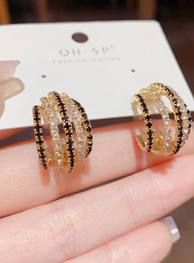 轻奢感精致黑色钻多层几何c型耳圈 时尚个性s925银针独特耳环