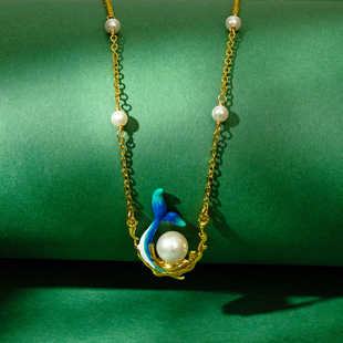 梦幻海洋童话系珐琅釉蓝色海豚珍珠项链仙气少女感美人鱼尾锁骨链