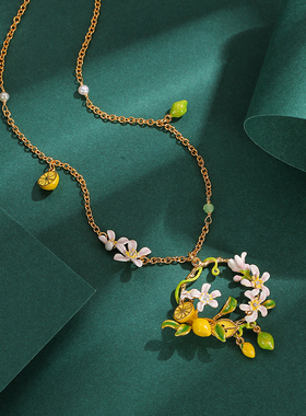 2024新潮清新时尚珐琅釉黄色柠檬水果白色花朵圆环吊坠锁骨项链女
