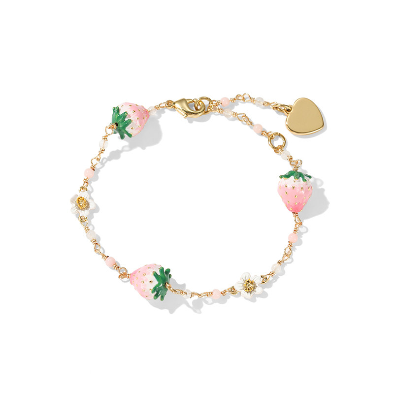 爆款新潮原创设计甜美清新时尚珐琅釉白色花朵渐变粉色草莓手链女