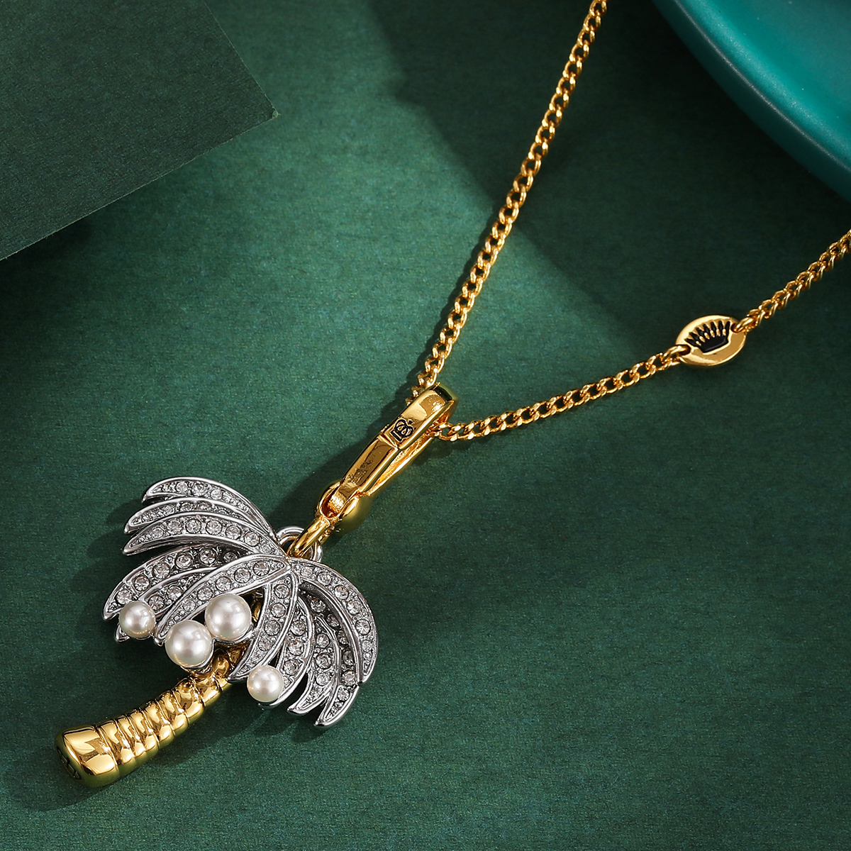 小众轻奢时尚气质镶钻水晶宝石珍珠椰子树吊坠项链精美镀金挂饰女