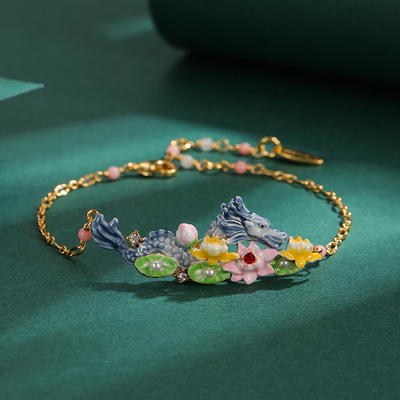 珐琅釉荷花荷叶青龙手链