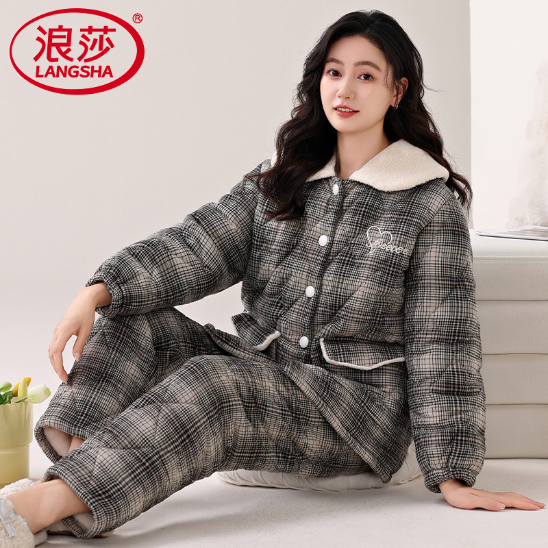 浪莎纯棉夹棉睡衣女保暖加厚套装
