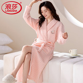 浪莎夹棉睡袍女士秋冬薄款 甜美浴袍浴衣 空气棉睡衣纯棉加厚长款
