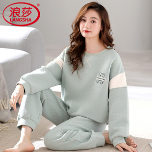 夹棉保暖空气棉家居服套装 浪莎睡衣女秋冬季 加厚纯棉夹层全棉薄款