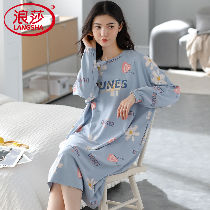 【浪莎】官方正品纯棉长袖睡裙女