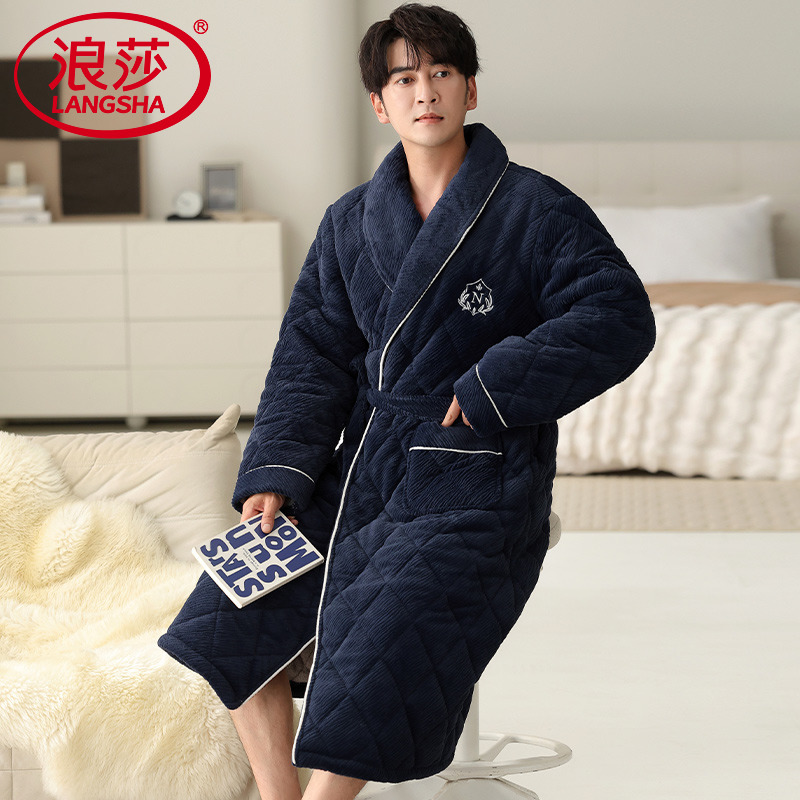 浪莎睡袍男款三层加厚夹棉冬季珊瑚绒加绒睡衣保暖法兰绒大码浴袍