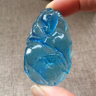 天然水晶海蓝宝雕刻生肖羊吊坠项链24.9克透体深蓝补水蓝色水晶颂