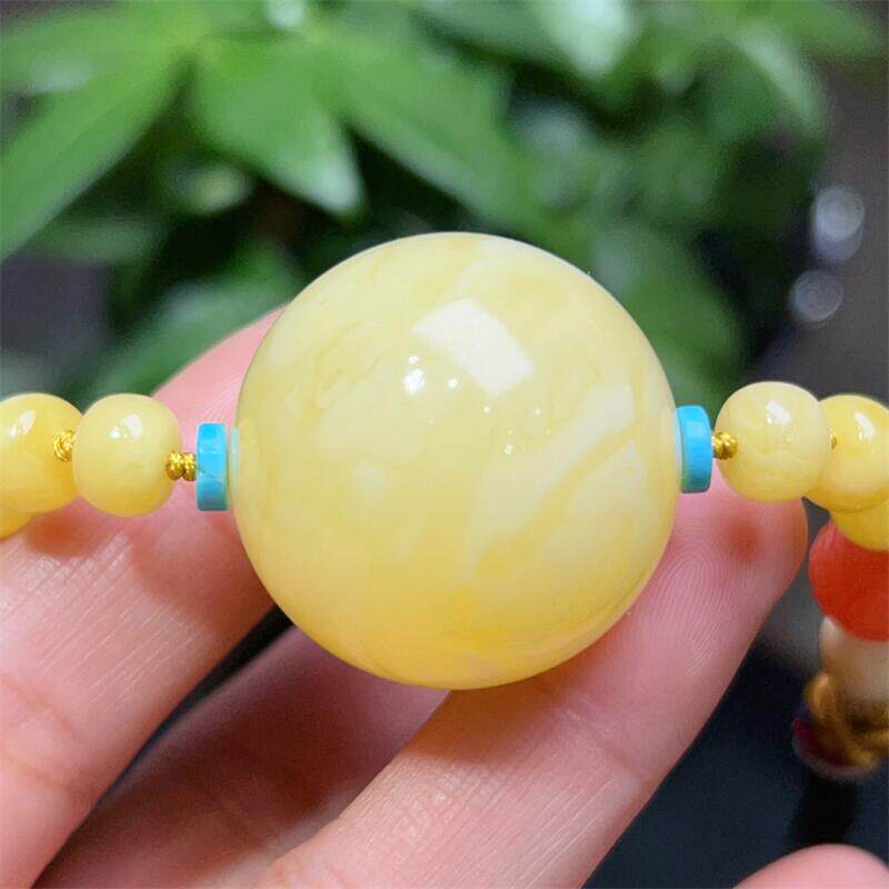 天然俄料原矿南红回纹珠蜜蜡圆珠型锁骨链吊坠项链30.9克琥珀贺