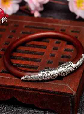 野生西藏山南无节鸡血藤手镯银羽毛雕花闺蜜民族风开口藤镯