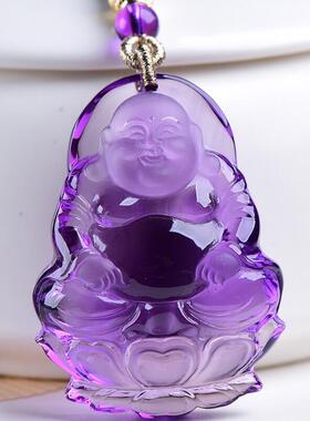天然水晶巴西乌拉圭紫水晶大肚弥勒佛项链吊坠30.6克浓郁全净体秀
