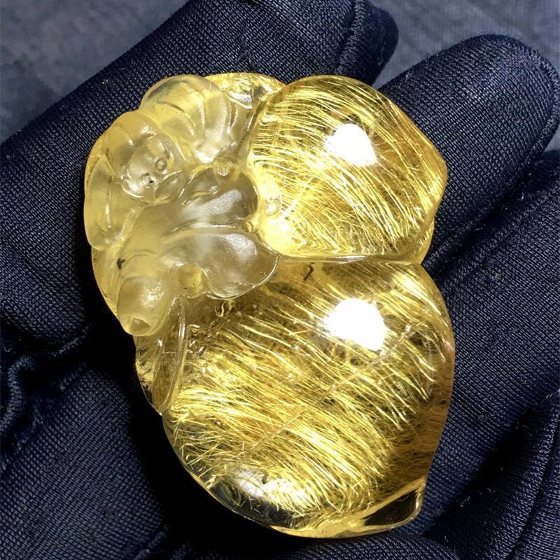 天然原矿巴西钛晶金发晶板钛猫眼顺发福寿如意寿桃吊坠项链22.5夸