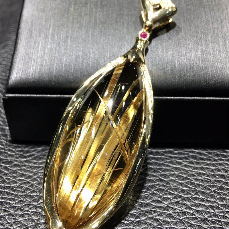 天然水晶巴西钛晶18k金男女款项链吊坠17.2克老矿板钛猫眼顺发