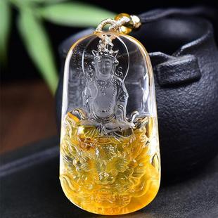 天然水晶黄胶花文殊菩萨项链吊坠45.5克聚宝盆火彩凤凰焦花秀