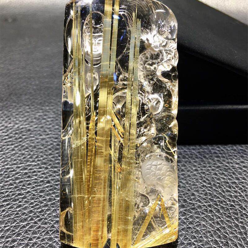 天然巴西水晶钛晶雕刻祥龙观音项链吊坠41.8克板钛猫眼原矿顺发速