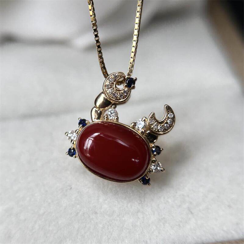 天然阿卡珊瑚18k金螃蟹项链吊坠原色有机宝卡沙丁牛血红科西嘉