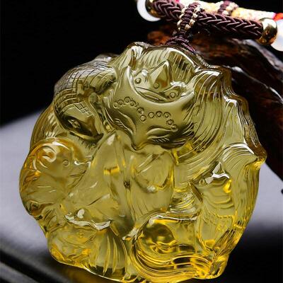 收藏级大号天然巴西原矿黄水晶手工雕刻五仙狐狸吊坠项链68g即