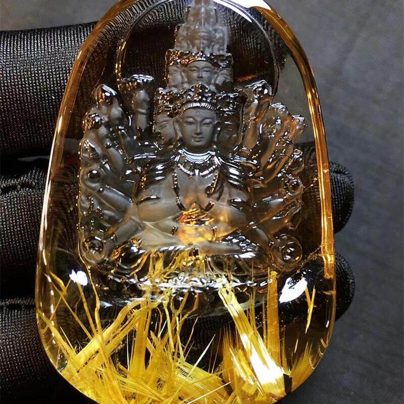 天然水晶巴西老矿钛晶千手观音项链吊坠69克金发晶板钛猫眼原矿贺