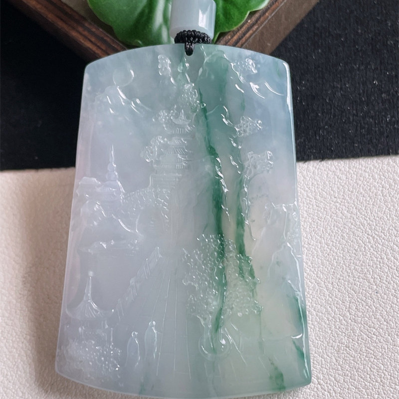天然缅甸A货翡翠a货正品原矿冰糯种紫罗兰飘花山水牌项链吊坠即